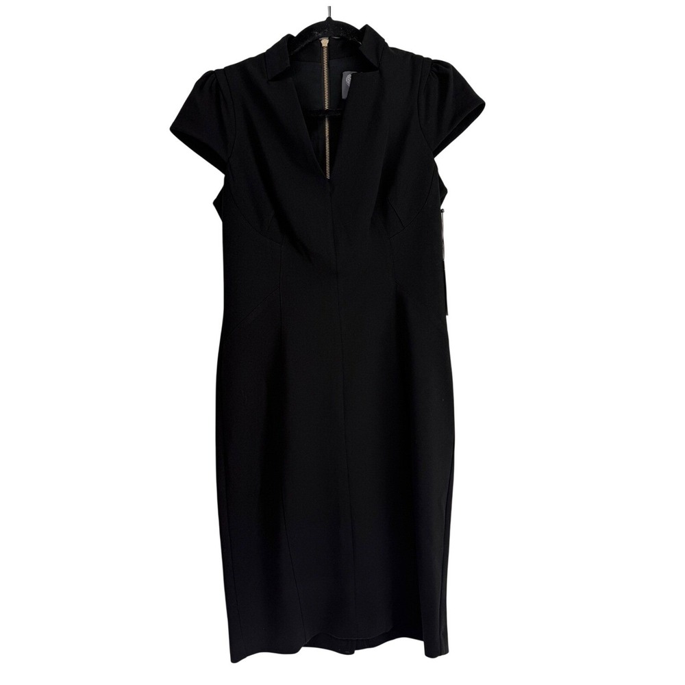 Vince Camuto Black Sheath Dress Notched V-Neck Gold Zip VC5M7276 BLK Size 4 NWT
